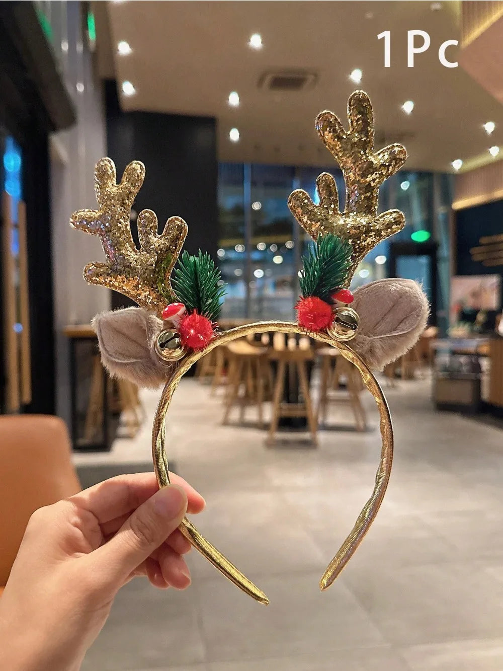 1pc Gold Sequin Mushroom Christmas Headband | Big Deer Horn & Bell Sequin Festive Headwear for Women | Forest Style Hair Accessory