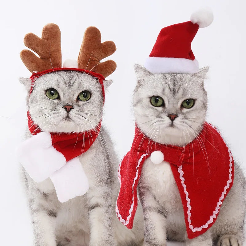 Christmas Hat Pet Costume & Scarf Gift Set | Dog Puppy Cat Costumes | New Year Santa Winter Cosplay Halloween Dog Cat Supply