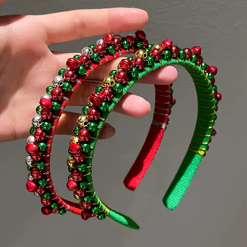 Festive Christmas Headband | Red & Green Beads, Golden Accents & Bell Charms | Hand-Wrapped Polyester Party Accessory