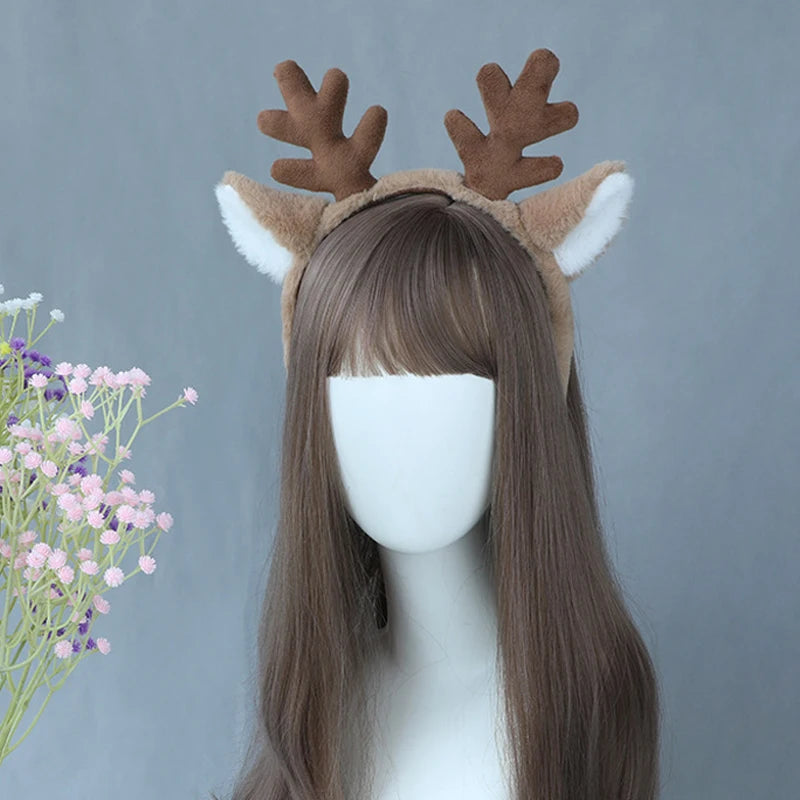 Christmas Plush Antler Headband | Lolita Party Headpiece Reindeer Antler Head Hoop | Cartoon Deer Ears Hair Accessories
