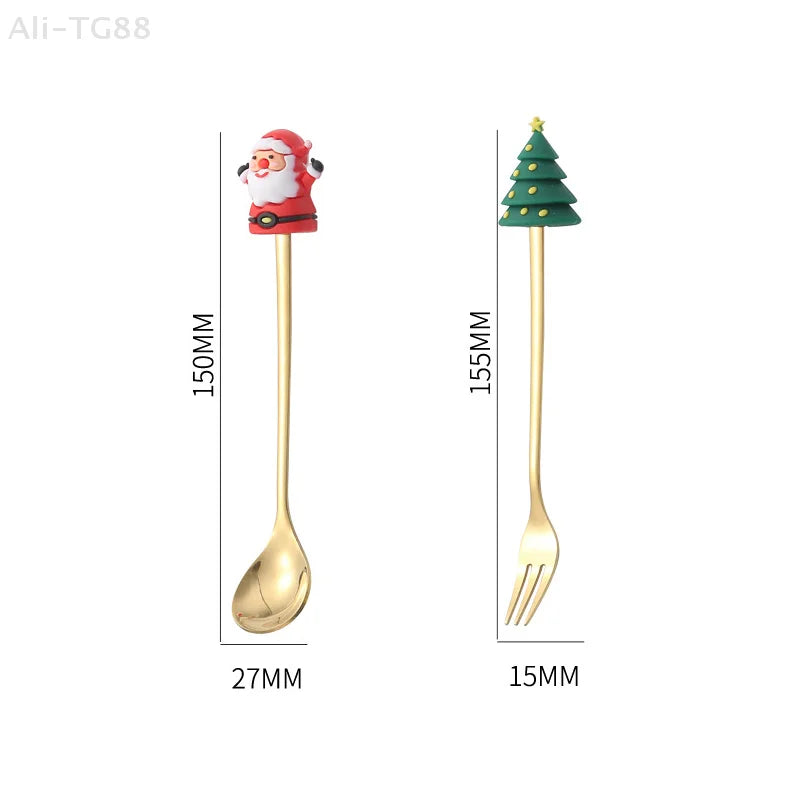Stainless Steel Christmas Fork and Spoon Set | Coffee, Tea, & Dessert Tableware with Festive Gift Box