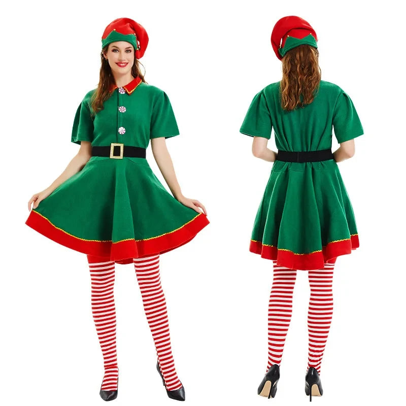 New Christmas Santa Claus & Green Elf Costume Set | Family Carnival Party Cosplay Fancy Dress Clothes | Children & Adult Suit Gift