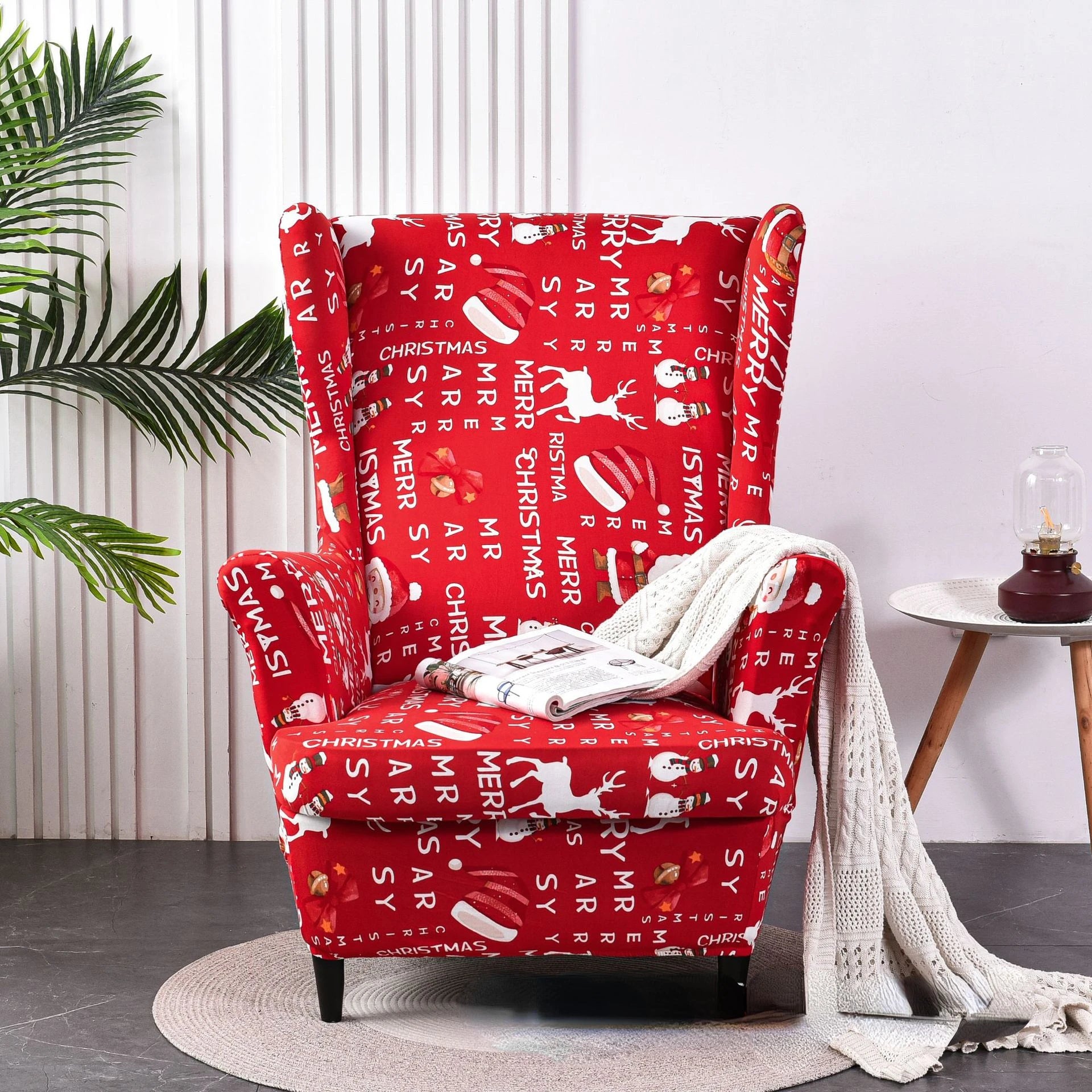 Christmas Wing Chair Cover | Elastic Relax Sofa Armchair Wingback Slipcover | Festive Christmas Decor with Seat Cushion