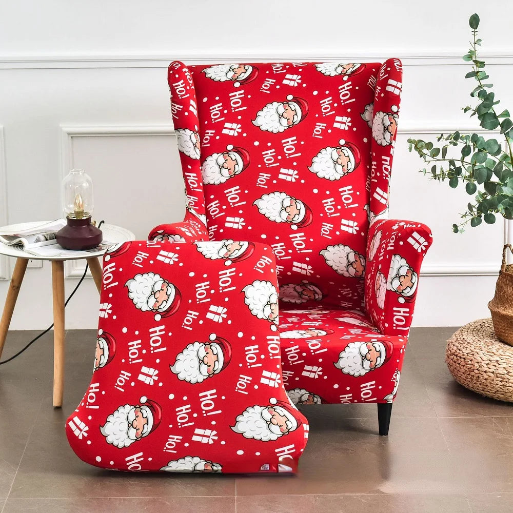 Christmas Wing Chair Cover | Elastic Relax Sofa Armchair Wingback Slipcover | Festive Christmas Decor with Seat Cushion