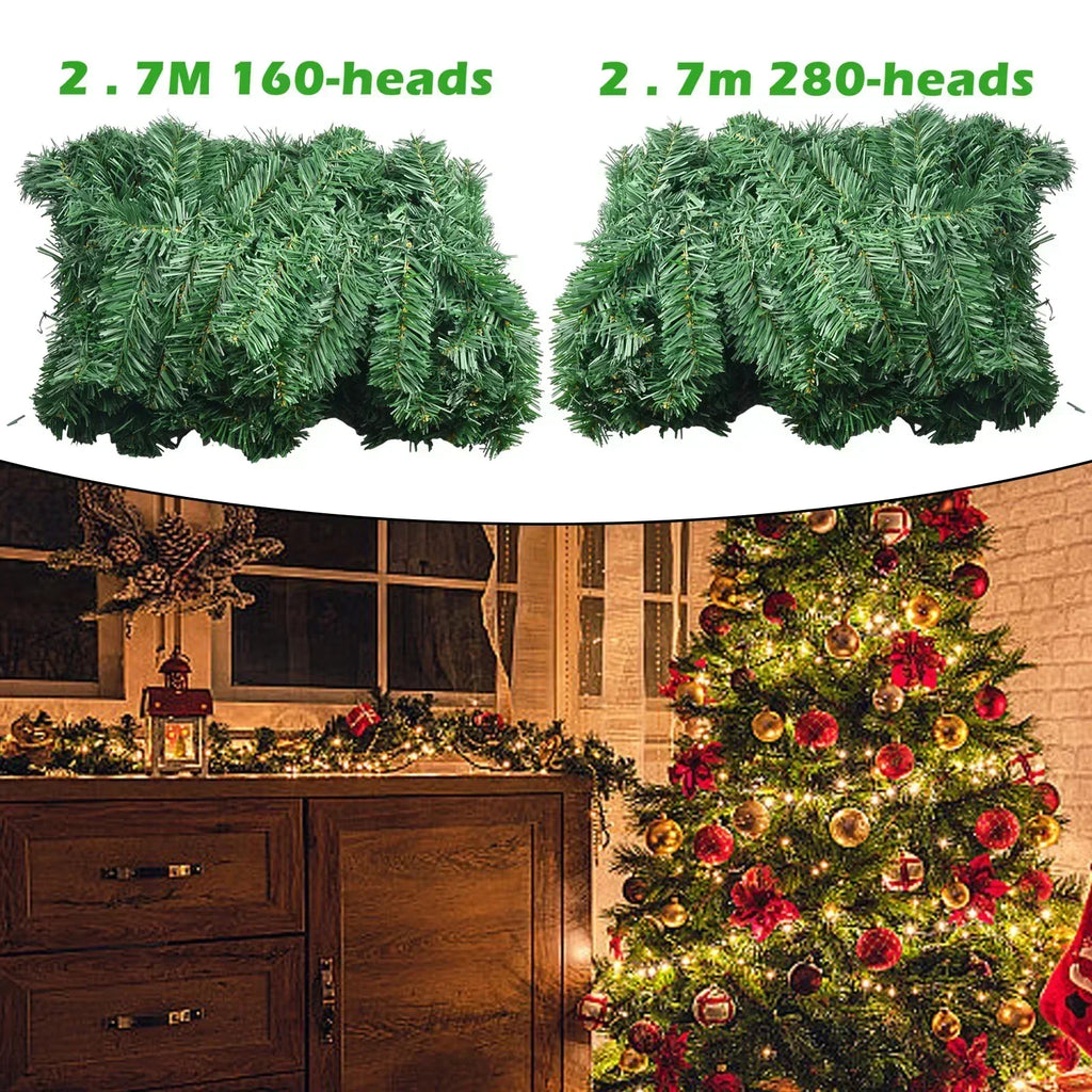 2.7M (9FT) Artificial Pine Leaf Rattan Strip | Green Christmas Garland Wreath | Christmas Pine Tree Rattan Decor Xmas Tree Ornament