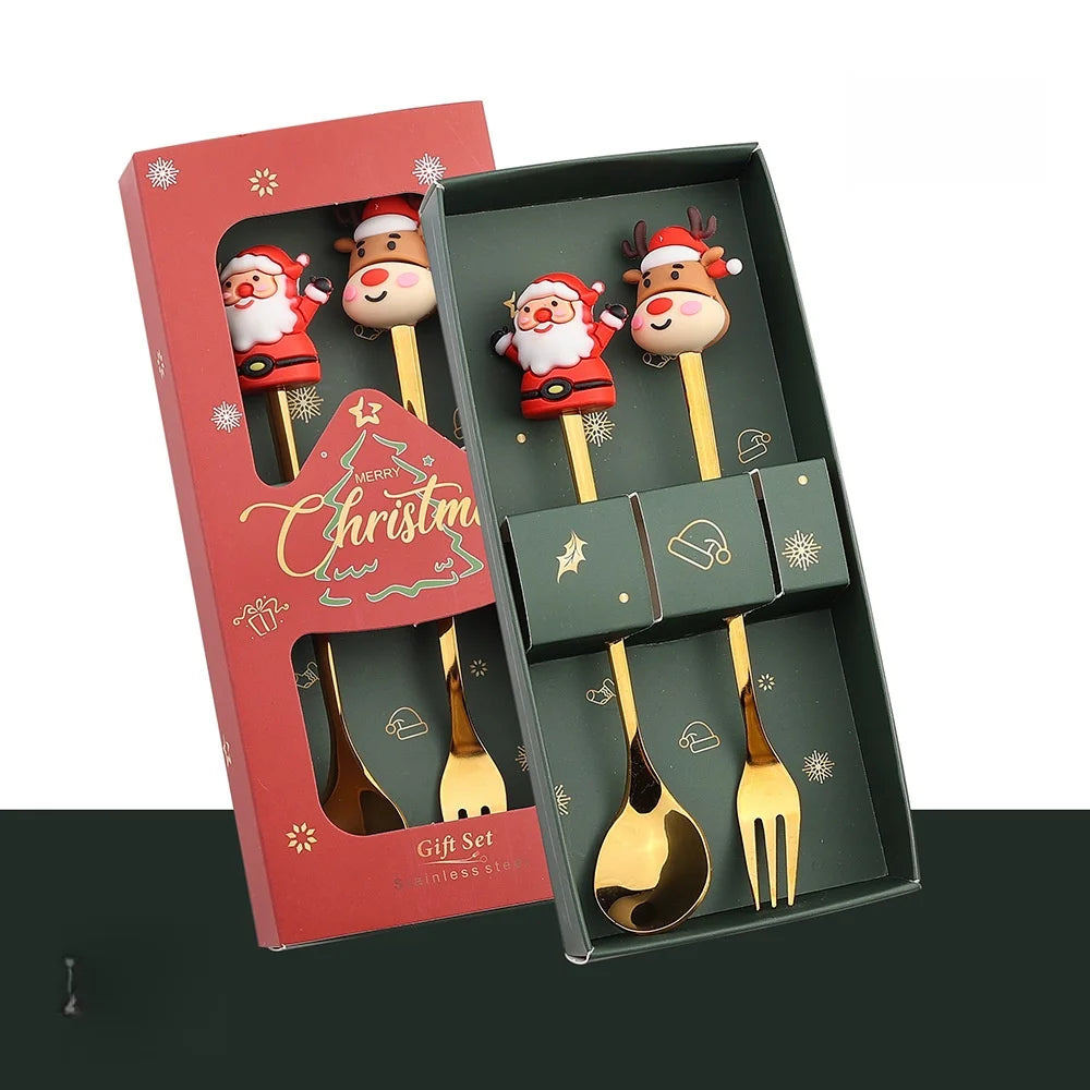 2/6 Pcs Christmas Fork and Spoon Set | Stainless Steel Creative Coffee, Tea, Dessert Tableware Gift Set
