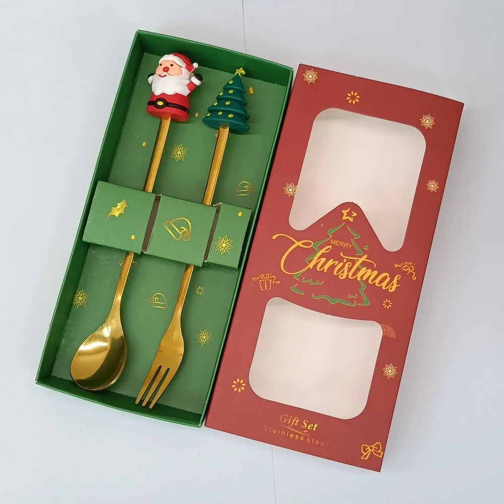 Christmas Spoon & Fork Set – 1/2/4/6pcs Stainless Steel Coffee Tea Dessert Utensils with Santa & Tree Designs (Gift Box)