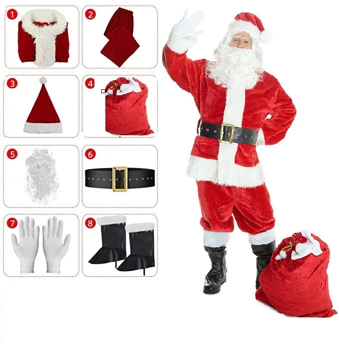 Santa Claus Costume Christmas Complete Dress-Up Outfit for Adult Men | 7PCS Deluxe Santa Suit with Hat Cosplay Costumes