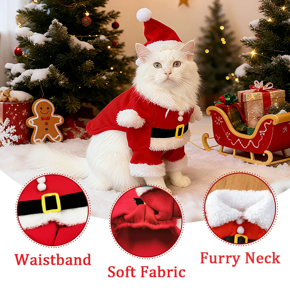 Christmas Pet Costumes | Cute Kitten Santa Claus Clothes for Small/Medium Dogs & Cats | Holiday Party Dress Up Apparel & Sphynx Outfits