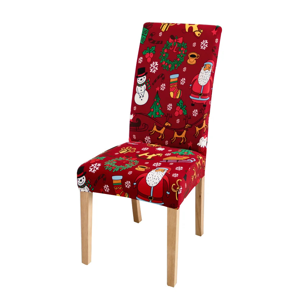 Christmas Chair Cover Dining Room Decor | 2025 Santa Claus & Snowflake Print Xmas Chair Covers | Stretch Removable Chair Seat Cover