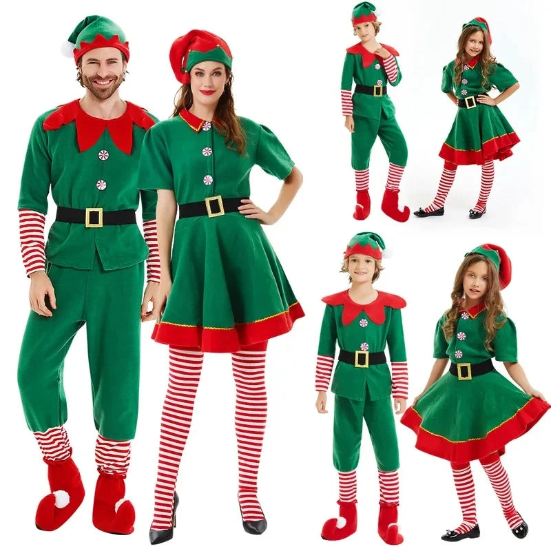 New Christmas Santa Claus & Green Elf Costume Set | Family Carnival Party Cosplay Fancy Dress Clothes | Children & Adult Suit Gift