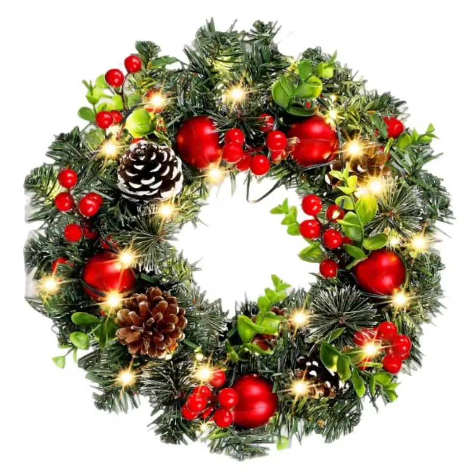 20-60cm Christmas Wreath with LED Fairy Light | Door Hanging Garland Pine for Home Decorations | Xmas Party Supplies & Happy New Year Decor