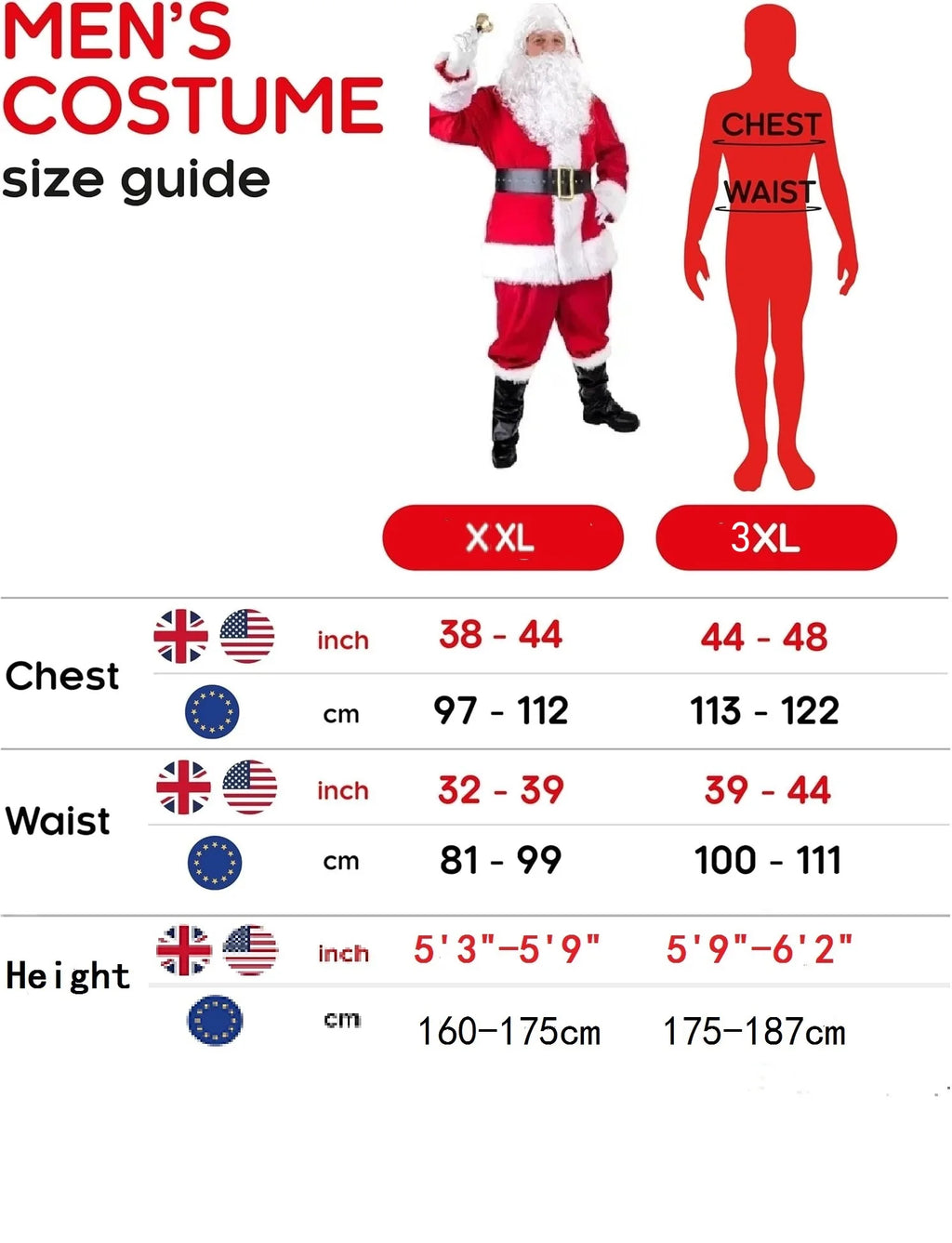 Santa Claus Costume Christmas Complete Dress-Up Outfit for Adult Men | 7PCS Deluxe Santa Suit with Hat Cosplay Costumes