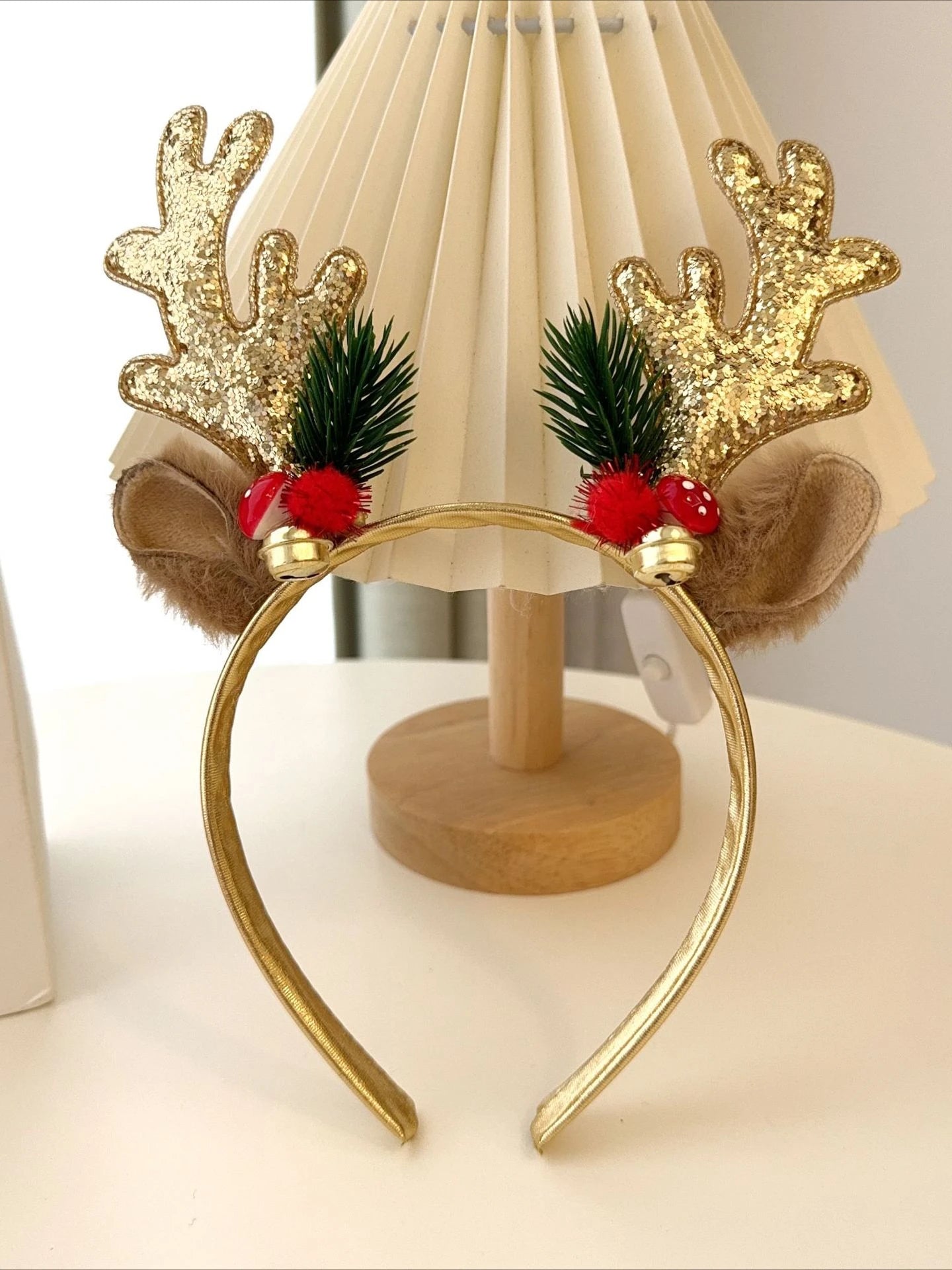 1pc Gold Sequin Mushroom Christmas Headband | Big Deer Horn & Bell Sequin Festive Headwear for Women | Forest Style Hair Accessory