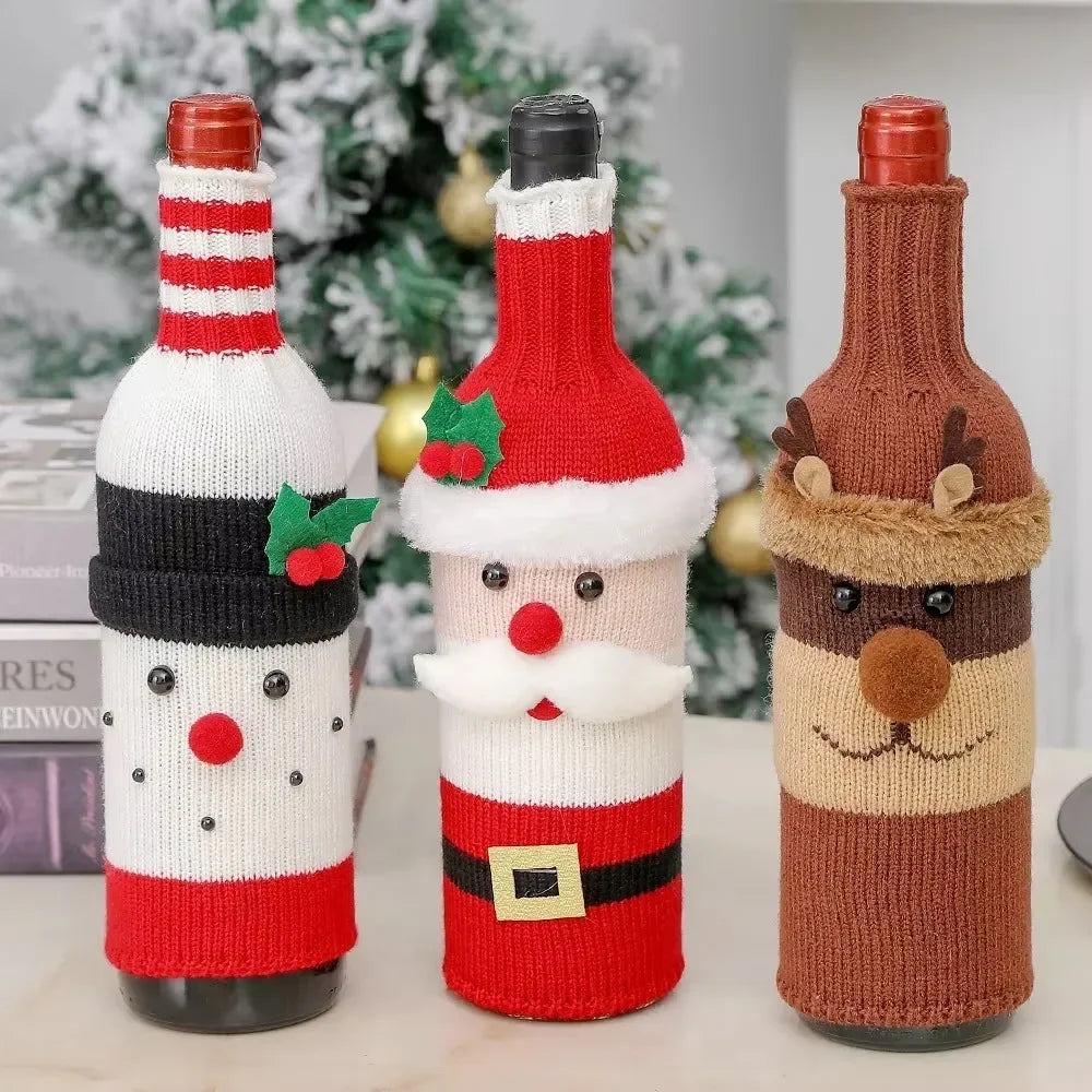 Christmas Wine Bottle Cover Set | Santa Snowman Woven Bags | Party Dinner Table Decorations & New Year Gifts