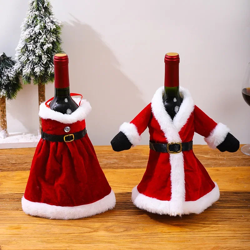 Creative Christmas Wine Bottle Cover Set | Velvet Dress Clothes Ornaments Bag | Xmas Party Dinner Table Decoration Gifts