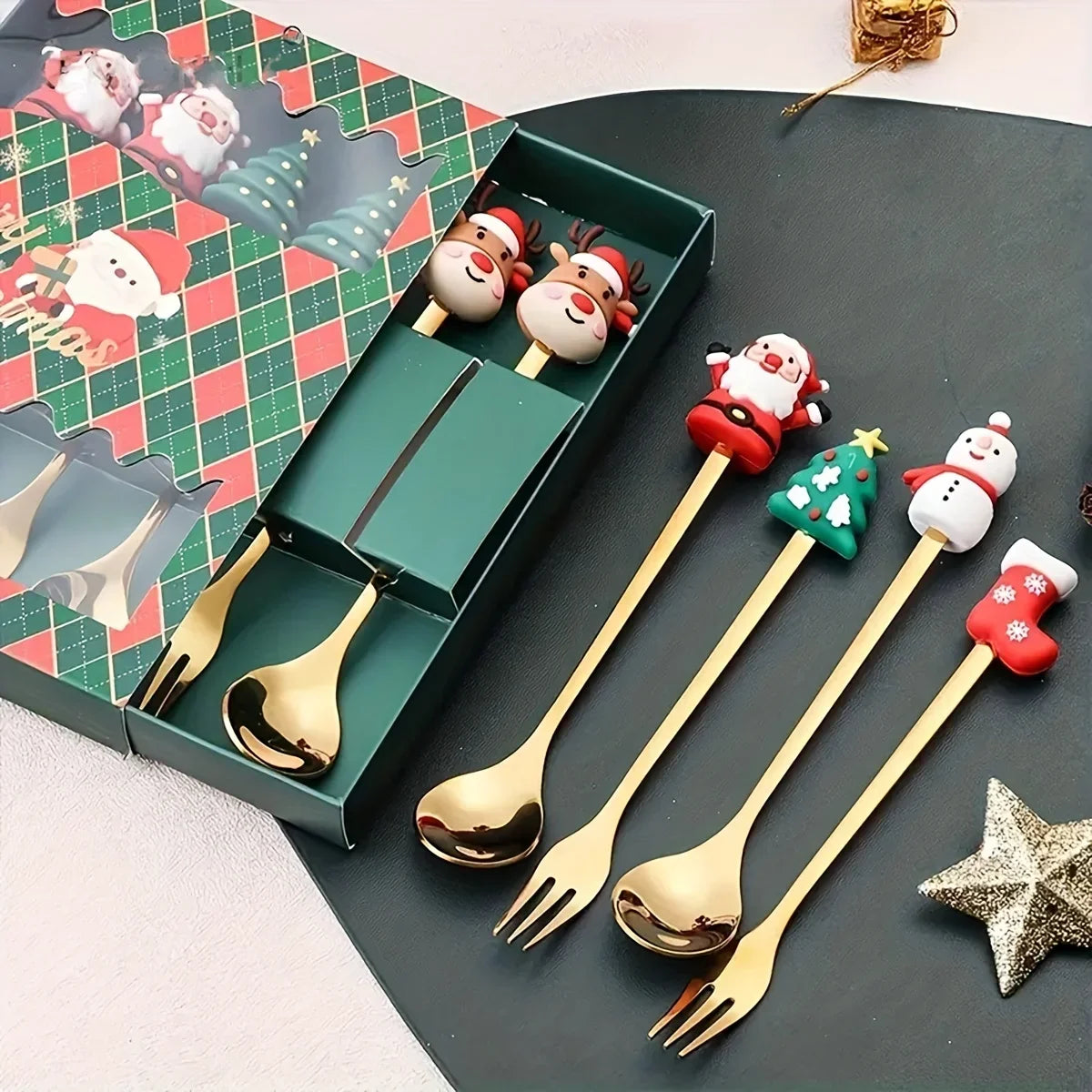 2/6 Pcs Christmas Fork and Spoon Set | Stainless Steel Creative Coffee, Tea, Dessert Tableware Gift Set