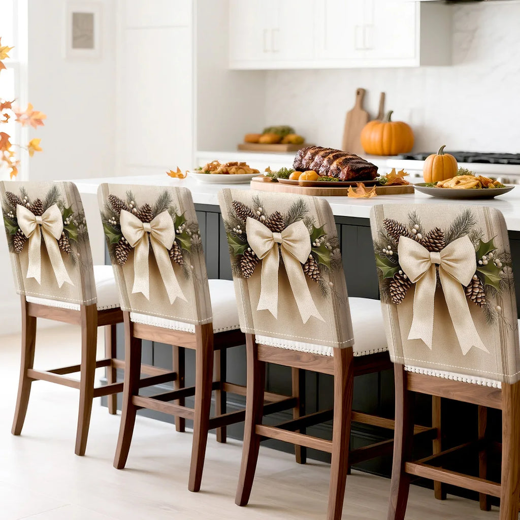 4pcs/set Christmas Bow Chair Cover (45x55cm) | Dining Seat Covers for Table Decoration | Dining Room, Bar & Banquet Party Supplies