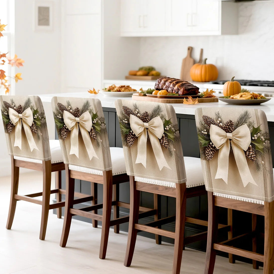 4pcs/set Christmas Bow Chair Cover (45x55cm) | Dining Seat Covers for Table Decoration | Dining Room, Bar & Banquet Party Supplies