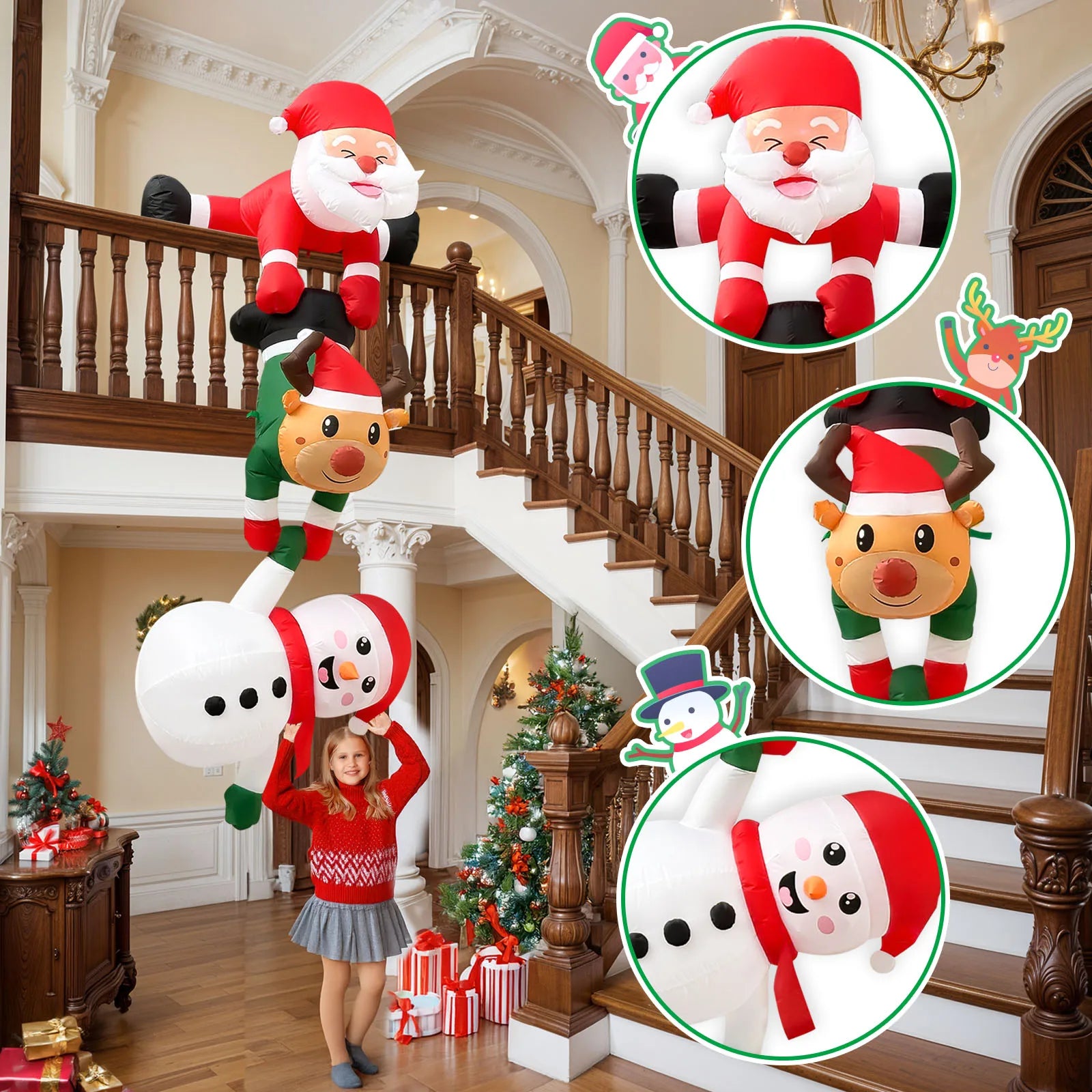 8FT Christmas Inflatable Decor | Climbing Santa, Reindeer, Snowman/Elves | Xmas Decor for Beam, Roof, Tree, Indoor Party