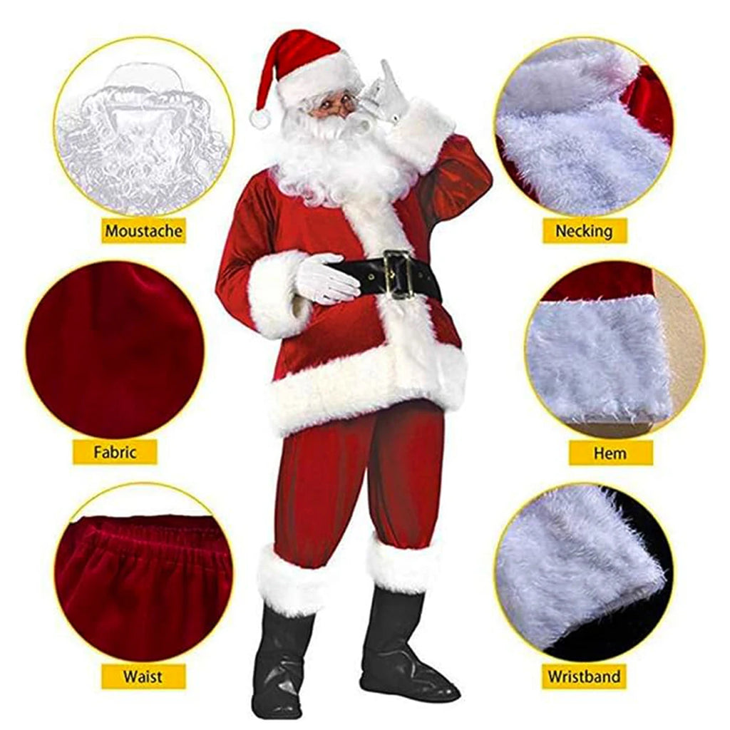 Santa Claus Costume Christmas Complete Dress-Up Outfit for Adult Men | 7PCS Deluxe Santa Suit with Hat Cosplay Costumes