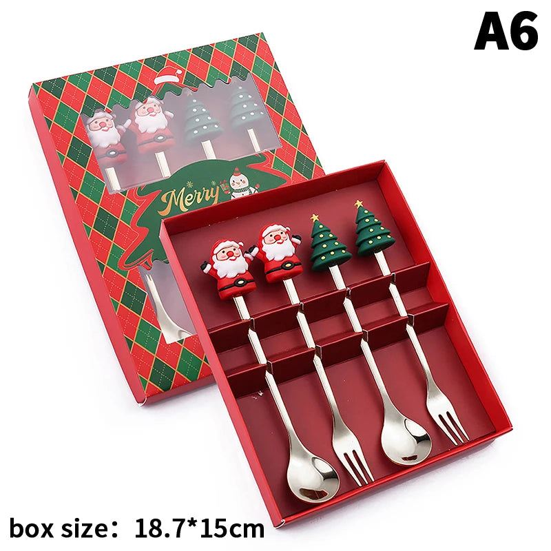 Stainless Steel Christmas Fork and Spoon Set | Coffee, Tea, & Dessert Tableware with Festive Gift Box