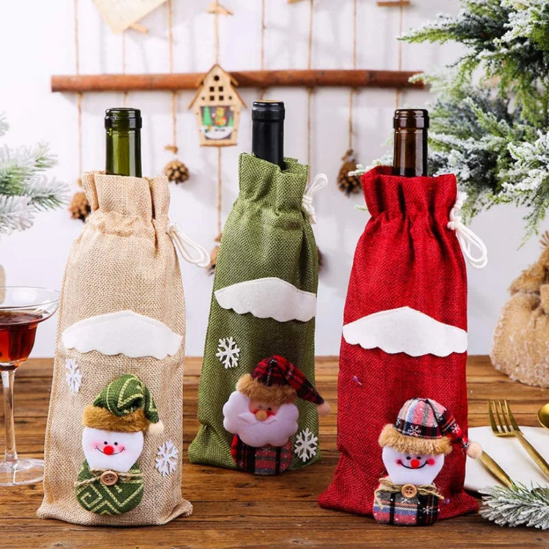 Christmas Wine Bottle Covers Set | Red Velvet Dress Sleeve Bags | Santa Claus Ornaments for New Year & Xmas Dinner Table Decoration