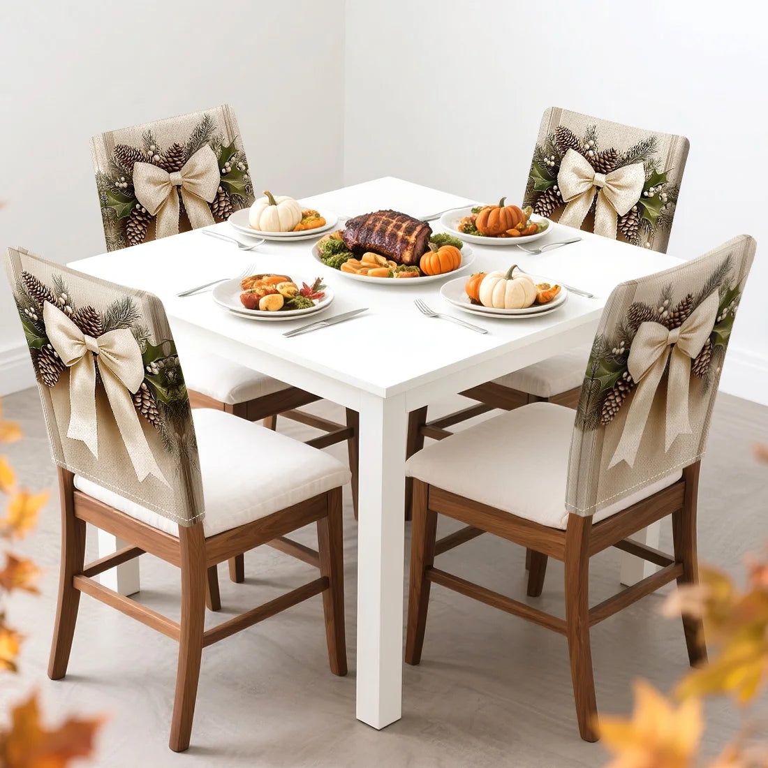 4pcs/set Christmas Bow Chair Cover (45x55cm) | Dining Seat Covers for Table Decoration | Dining Room, Bar & Banquet Party Supplies