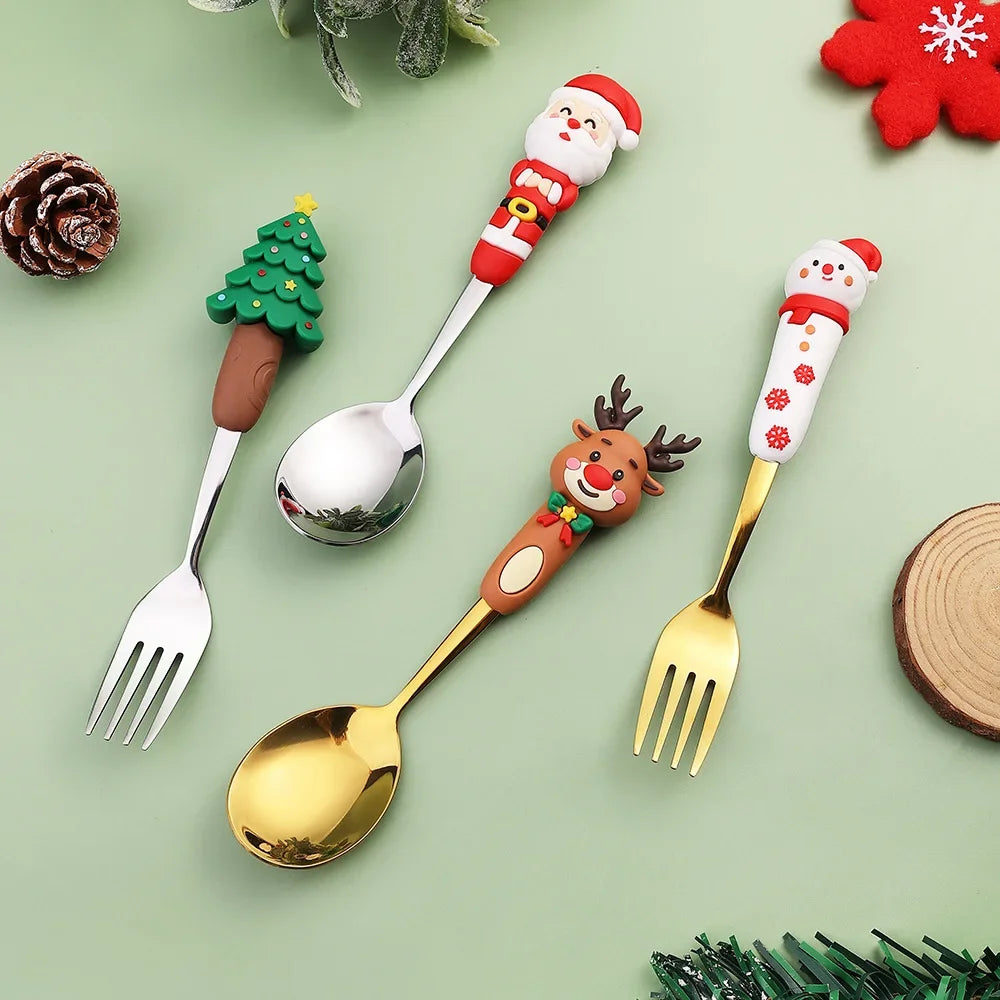 Christmas Cutlery Set: 4-Piece Playful Silver Spoons & Forks with Reindeer & Christmas Tree Decorations | Festive Gift Box