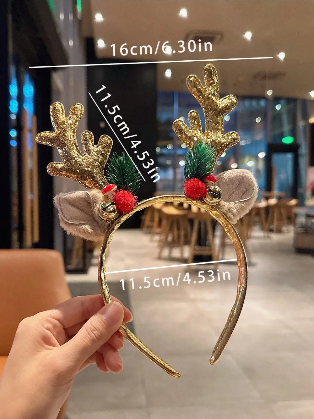 1pc Gold Sequin Mushroom Christmas Headband | Big Deer Horn & Bell Sequin Festive Headwear for Women | Forest Style Hair Accessory