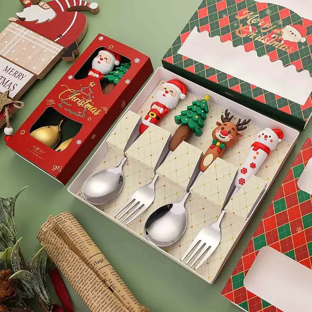 Christmas Cutlery Set: 4-Piece Playful Silver Spoons & Forks with Reindeer & Christmas Tree Decorations | Festive Gift Box