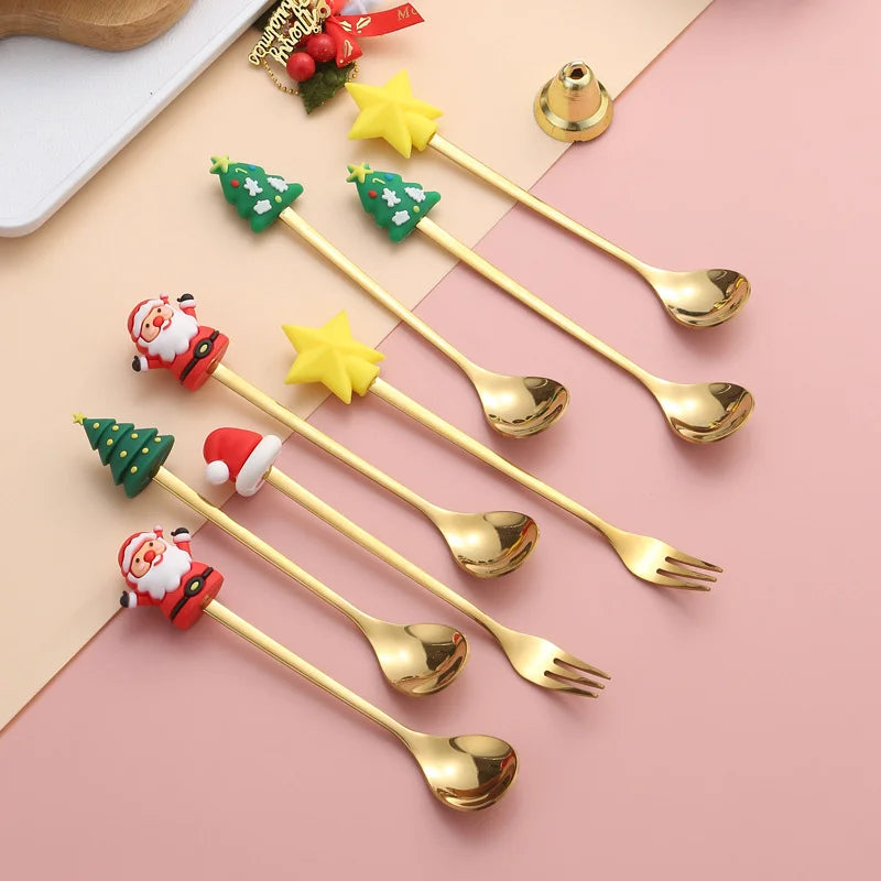 2/6 Pcs Christmas Fork and Spoon Set | Stainless Steel Creative Coffee, Tea, Dessert Tableware Gift Set