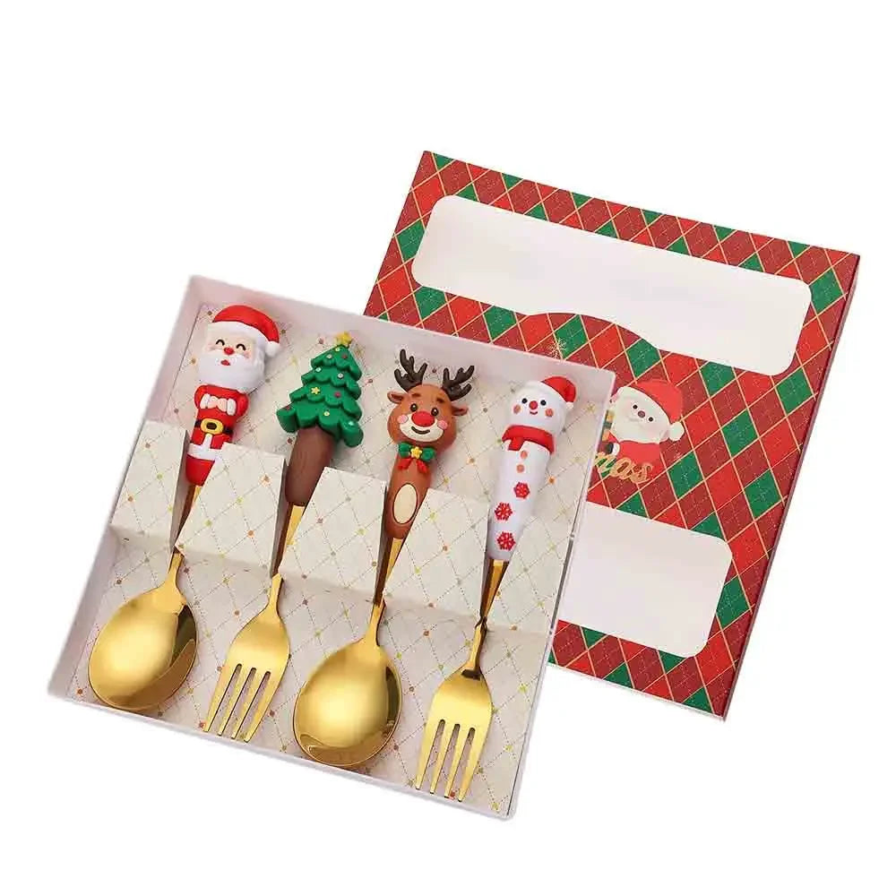 Christmas Cutlery Set: 4-Piece Playful Silver Spoons & Forks with Reindeer & Christmas Tree Decorations | Festive Gift Box