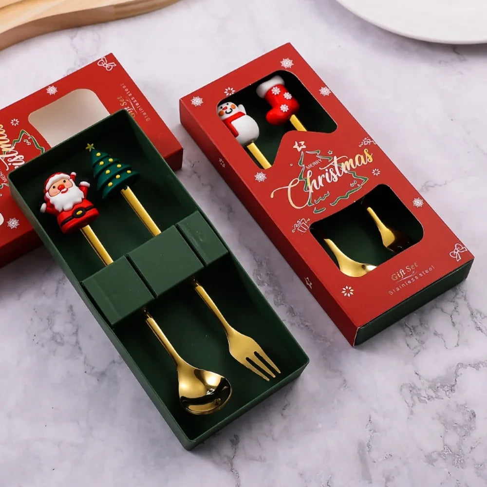 Christmas Spoon & Fork Set – 1/2/4/6pcs Stainless Steel Coffee Tea Dessert Utensils with Santa & Tree Designs (Gift Box)