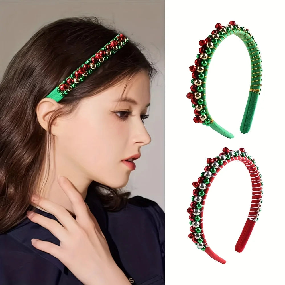 Festive Christmas Headband | Red & Green Beads, Golden Accents & Bell Charms | Hand-Wrapped Polyester Party Accessory