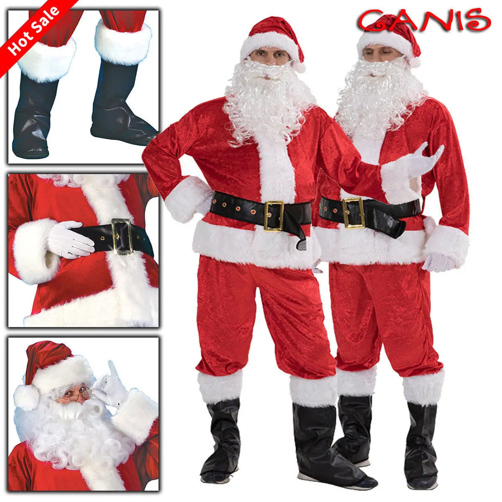5Pcs Adult Christmas Santa Claus Costume (S-3XL) for Men & Women | Santa Role Cosplay Fancy Dress Suit with Wig & Beard Outfit