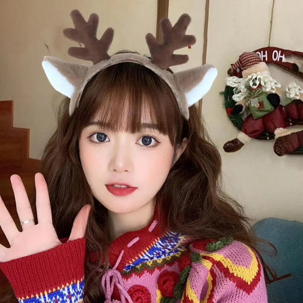 Christmas Plush Antler Headband | Lolita Party Headpiece Reindeer Antler Head Hoop | Cartoon Deer Ears Hair Accessories