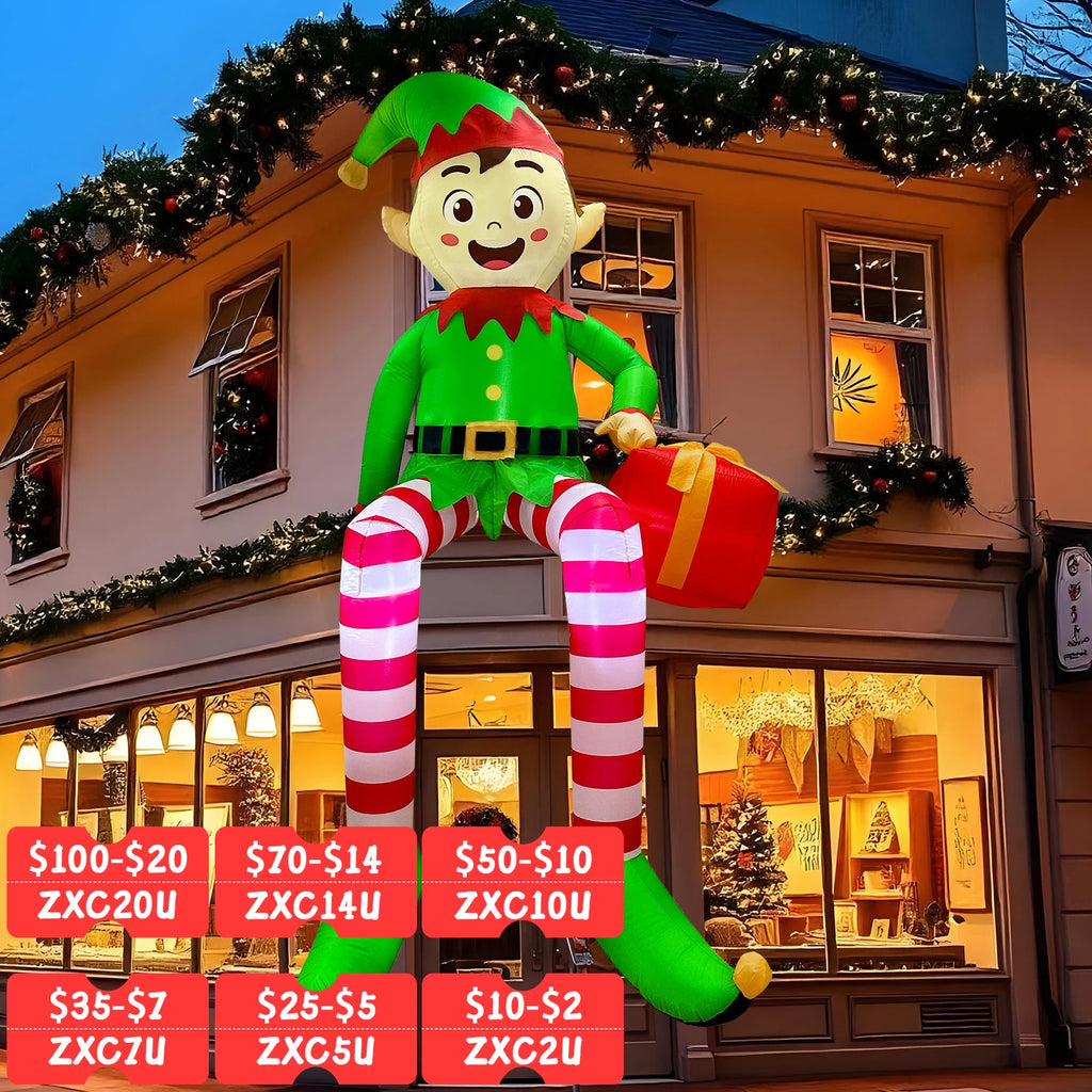 8FT Christmas Inflatable Sitting Elf Outdoor Decoration | Giant Yard Inflatable with Built-in LED Lights