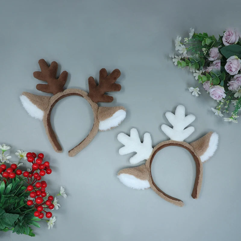 Christmas Plush Antler Headband | Lolita Party Headpiece Reindeer Antler Head Hoop | Cartoon Deer Ears Hair Accessories