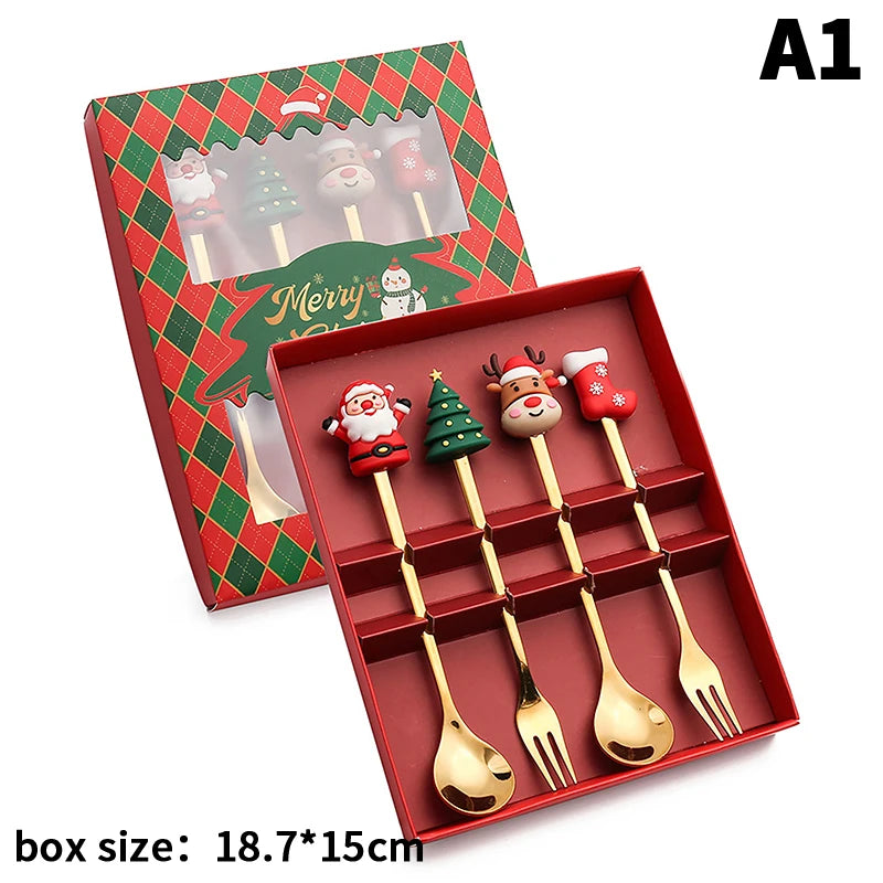 Stainless Steel Christmas Fork and Spoon Set | Coffee, Tea, & Dessert Tableware with Festive Gift Box