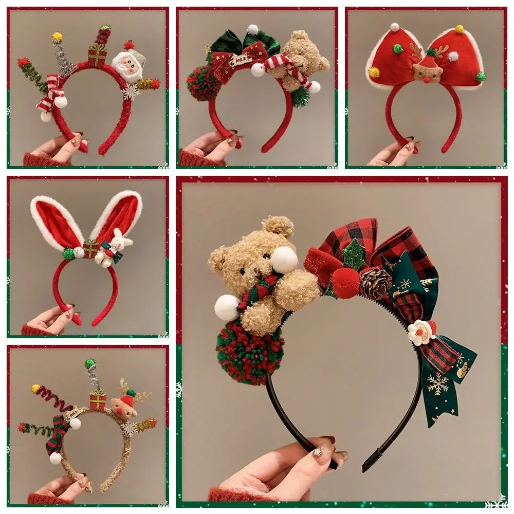 Christmas Headband Decoration | Santa Reindeer Antlers & Red Bowknot | Party Dress Up Plush Red Hair Band