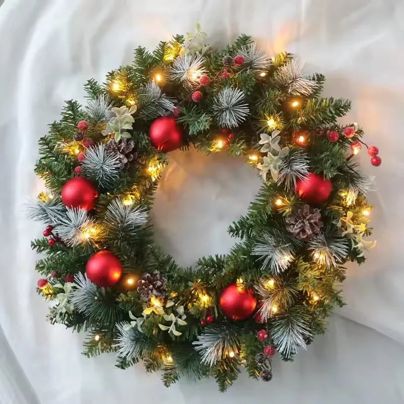 20-60cm Christmas Wreath with LED Fairy Light | Door Hanging Garland Pine for Home Decorations | Xmas Party Supplies & Happy New Year Decor
