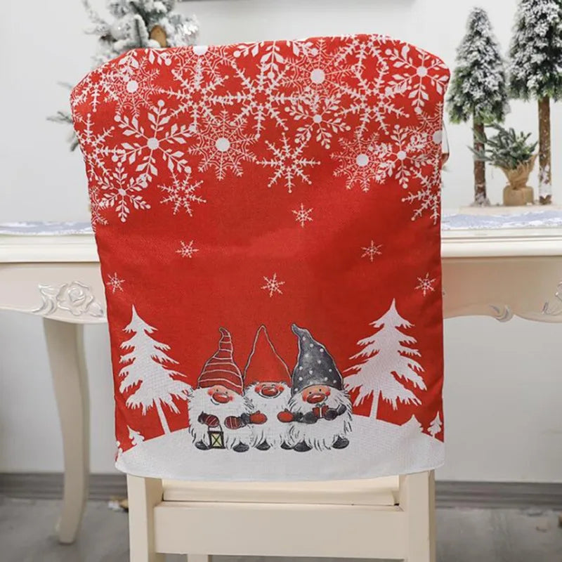 Christmas Decorative Chair Cover & Stool Cover | Linen Santa Claus, Snowman & Snowflake Printed Chair Covers for Dining Room