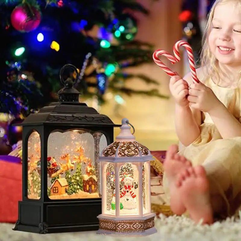 Christmas Snow Globe Lantern – Light-Up Glitter Hexagonal Wind Lamp | Winter Decor Table Centerpiece