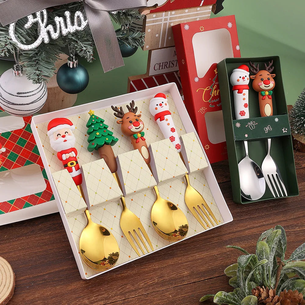 Christmas Cutlery Set: 4-Piece Playful Silver Spoons & Forks with Reindeer & Christmas Tree Decorations | Festive Gift Box