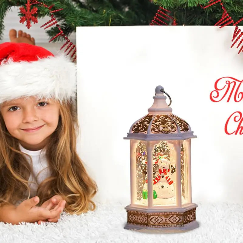 Christmas Snow Globe Lantern – Light-Up Glitter Hexagonal Wind Lamp | Winter Decor Table Centerpiece