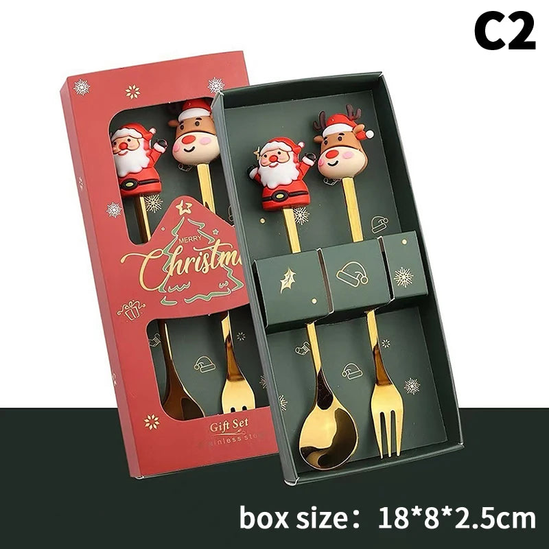 Stainless Steel Christmas Fork and Spoon Set | Coffee, Tea, & Dessert Tableware with Festive Gift Box
