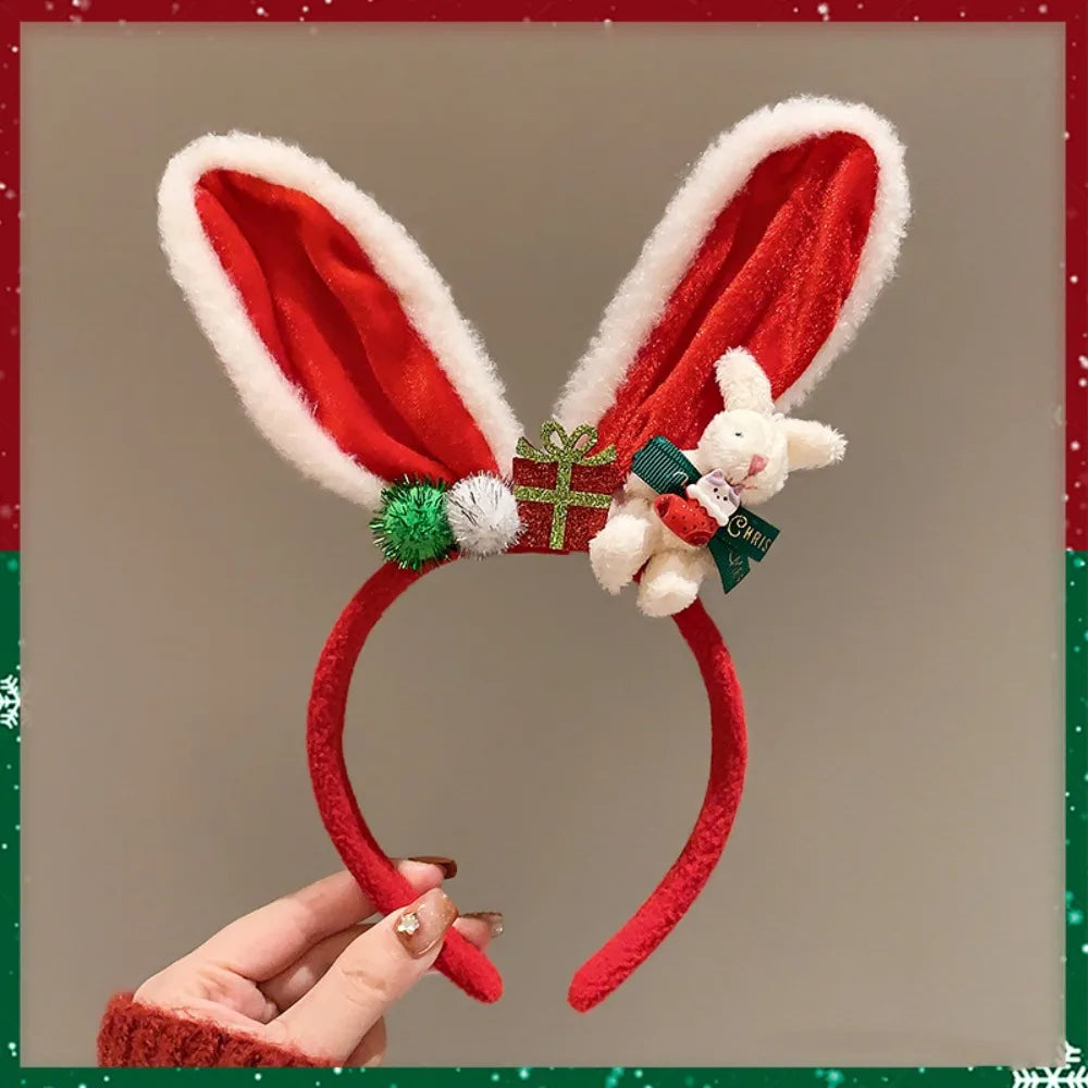 Christmas Headband Decoration | Santa Reindeer Antlers & Red Bowknot | Party Dress Up Plush Red Hair Band