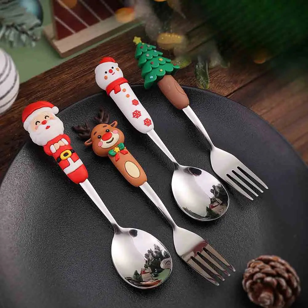 Christmas Cutlery Set: 4-Piece Playful Silver Spoons & Forks with Reindeer & Christmas Tree Decorations | Festive Gift Box