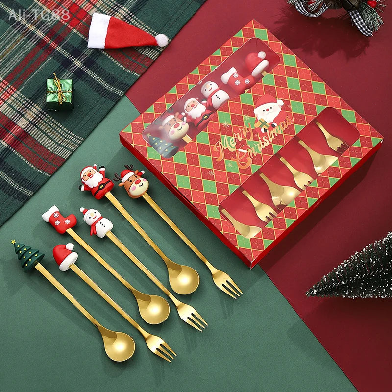 Stainless Steel Christmas Fork and Spoon Set | Coffee, Tea, & Dessert Tableware with Festive Gift Box